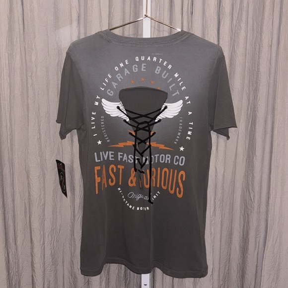 Fast & Furious by Affliction Distressed Tee w Embellished Back Medium Gray NWT - Picture 3 of 14
